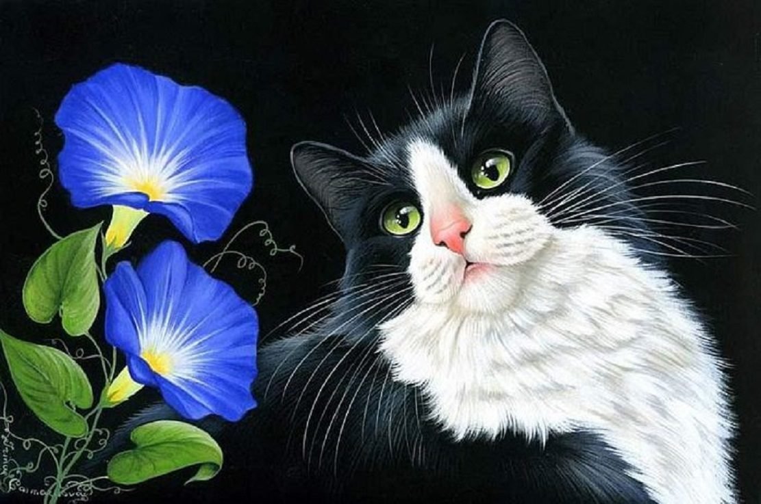 Кот с вьюнками - кот, цветы, кошка, вьюнки - оригинал
