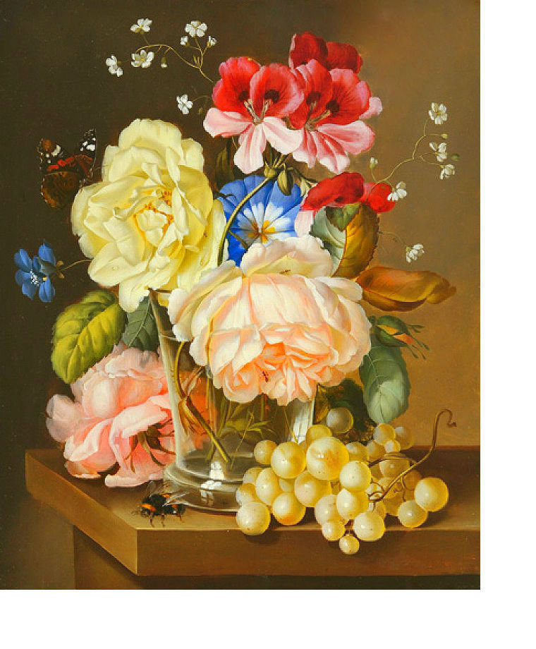 Натюрморт - цветы, шмель, виноград, букет, розы - оригинал