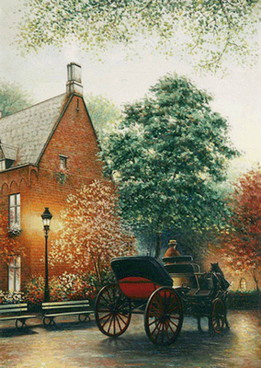 Городской пейзаж - вечер, лошадь, дом, экипаж - предпросмотр