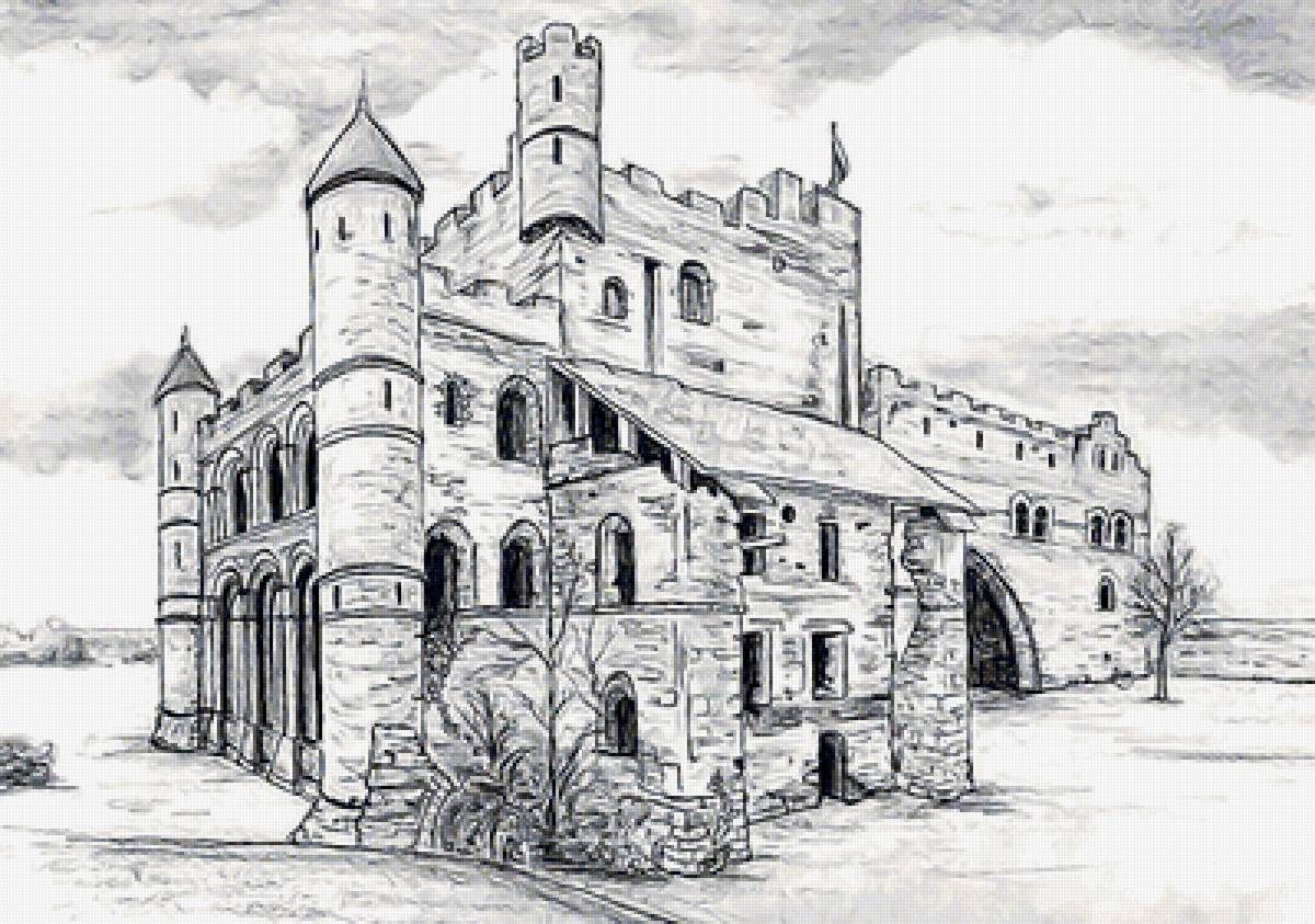 Рисунок старой крепости. Замок Гравенстен романский. Замок рисунок. Замок карандашом. Набросок замка карандашом.