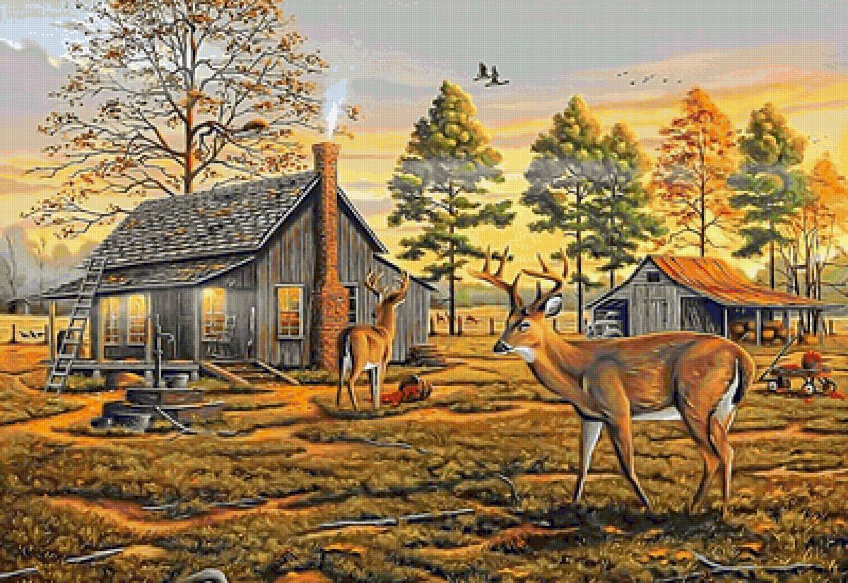 №2063588 - осень, олени. домик, деревья, вечер - предпросмотр