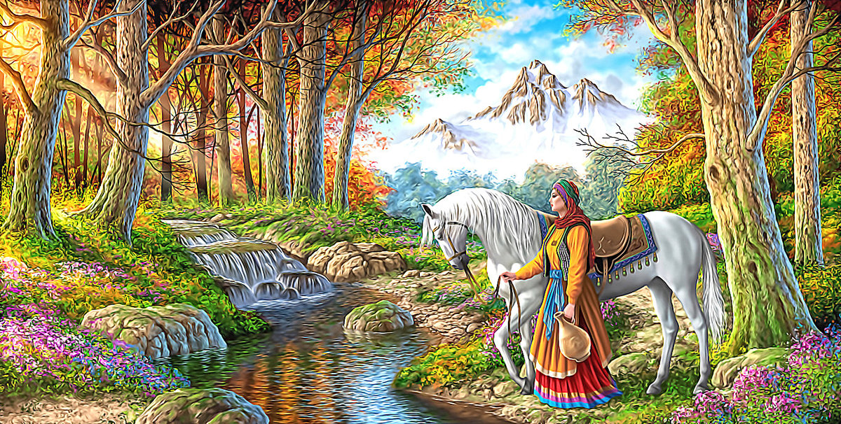 №2063599 - девушка, лошадь, водопад, лес, горы, река - оригинал