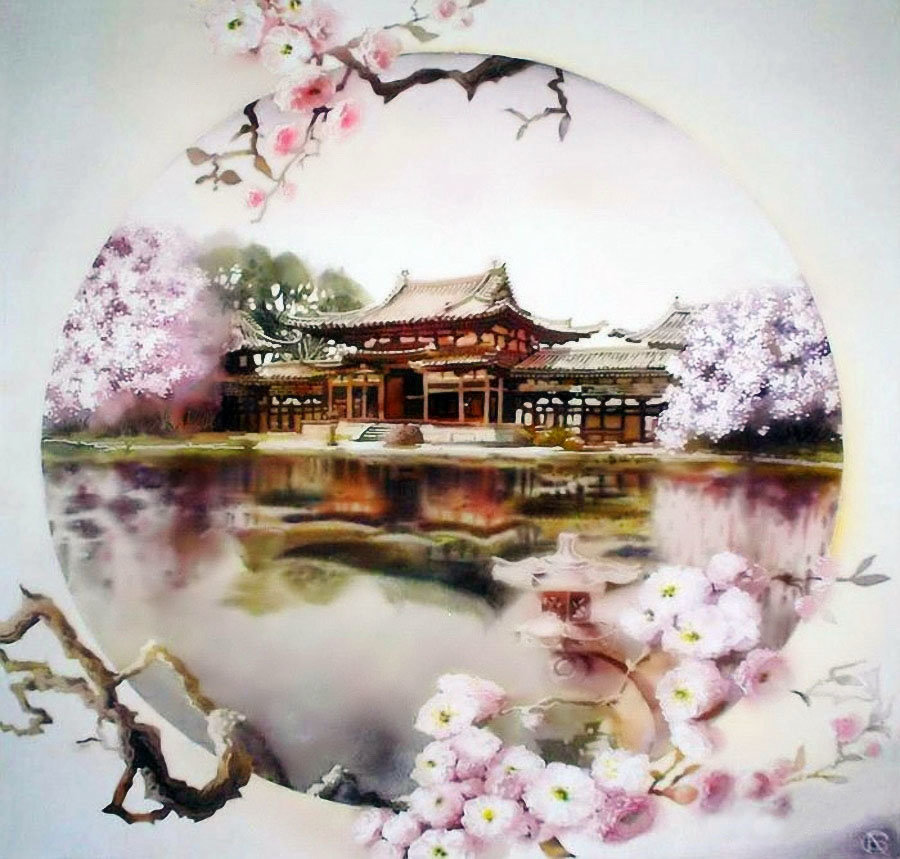 Весенний  дворец - весна, сакура, дворец у воды - оригинал