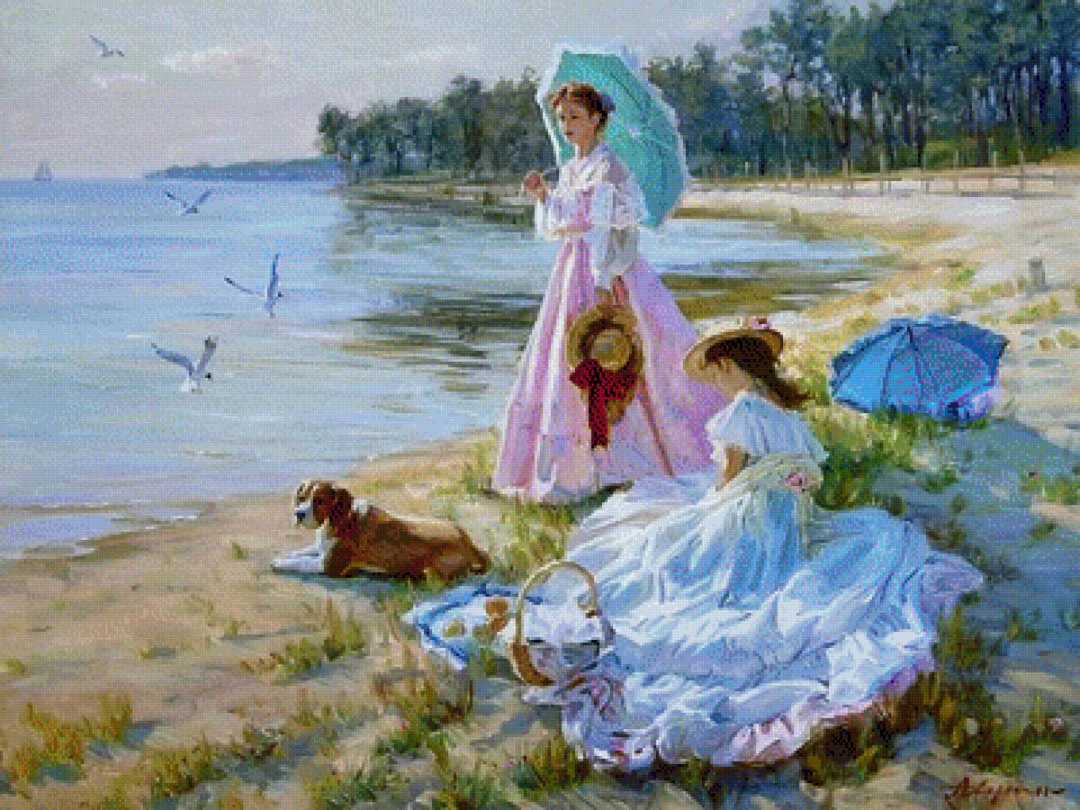 Пикник у воды - река, пикник, прогулка, пляж, девушки - предпросмотр