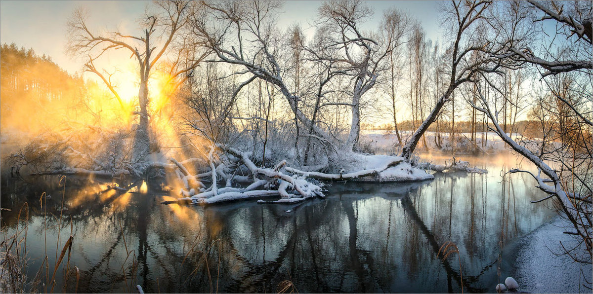 Скоро зима... - закат, солнце, пейзаж, природа, деревья., отражение, вода, снег - оригинал