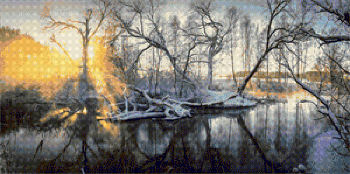 Скоро зима... - пейзаж, снег, отражение, вода, природа, деревья., закат, солнце - предпросмотр