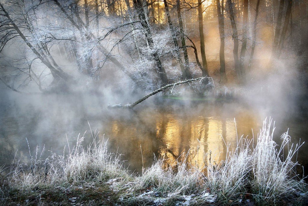 Конец осени. - пейзаж, деревья, закат, снег., вода, отражение, туман, природа - оригинал