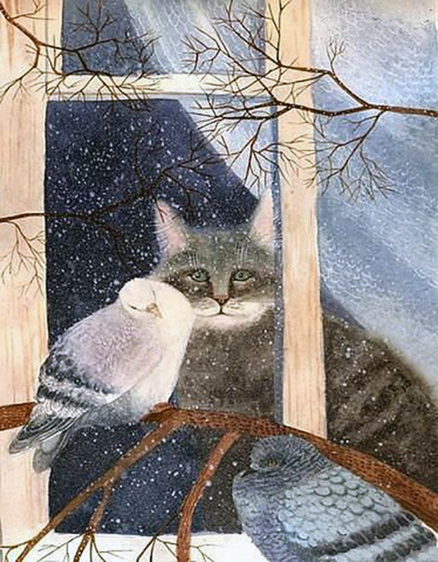 Ждем весну - кошка, голуби, окно, птицы, кот - оригинал