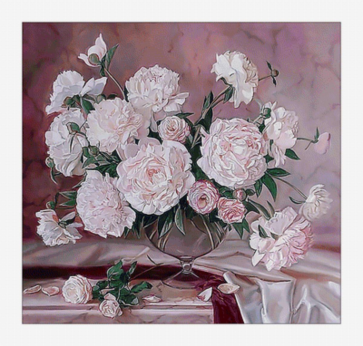 Белый букет. - цветы, живопись, ваза, розы, букет - предпросмотр