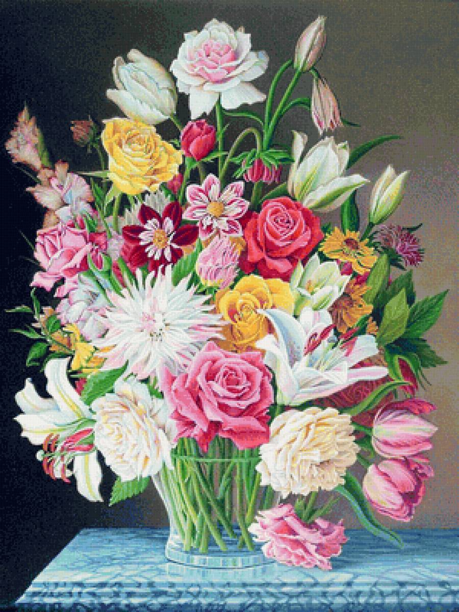 Прекрасный букет - розовые цветы, желтые цветы, белые цветы, букет, лилии, тюльпаны, розы - предпросмотр