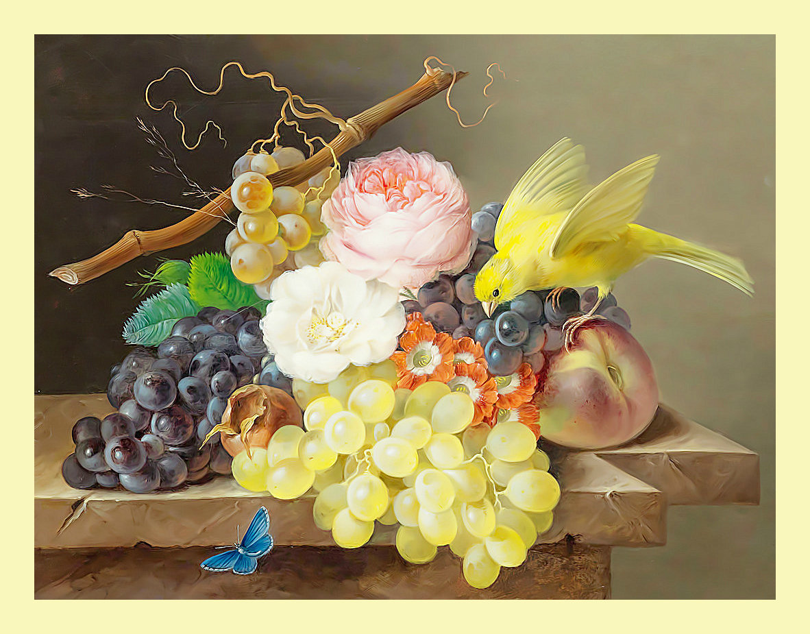 Натюрморт с птичкой. - цветы, розы, виноград, живопись, птица, ягоды, натюрморт, фрукты - оригинал