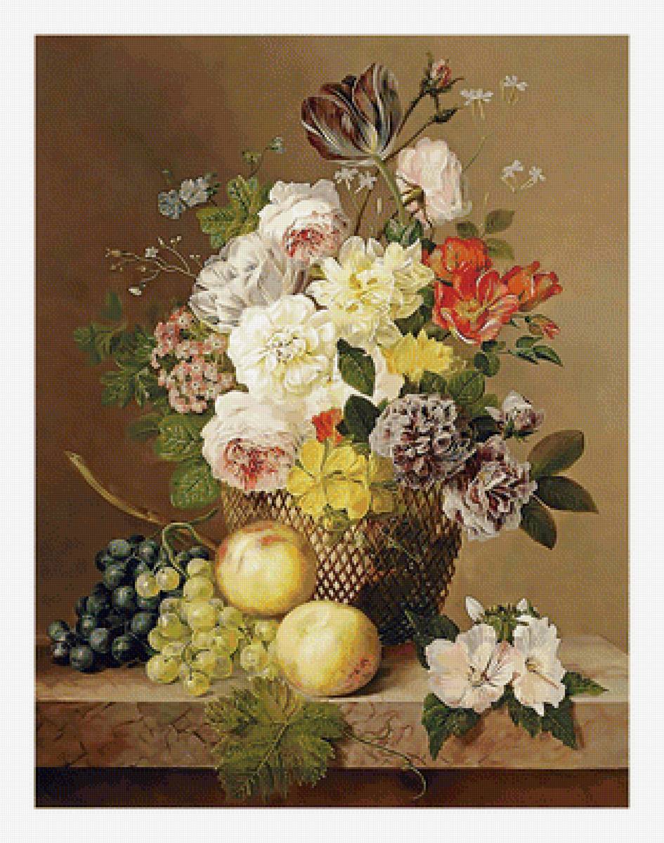 Цветочный натюрморт. - цветы, живопись, фрукты, натюрморт, виноград, букет - предпросмотр