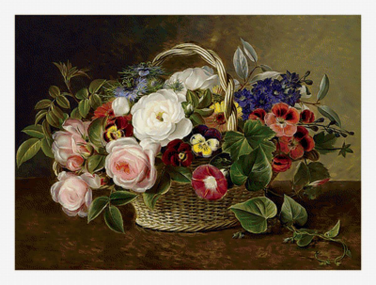 Корзина с цветами. - розы, корзина, цветы, живопись, букет - предпросмотр