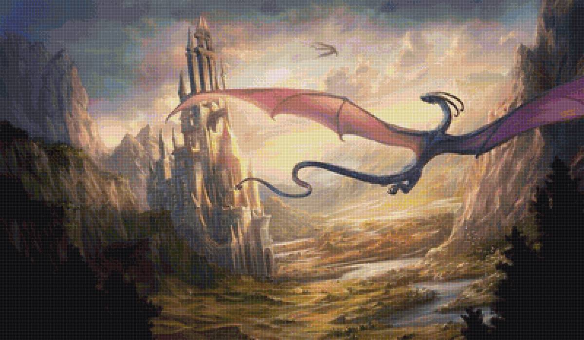 Драконы - фэнтези, горы, замок, дракон, небо - предпросмотр