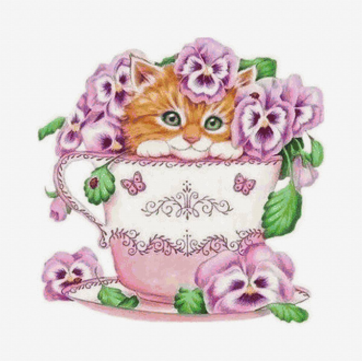 котенок в чашке - цветы, котенок, чашка - предпросмотр