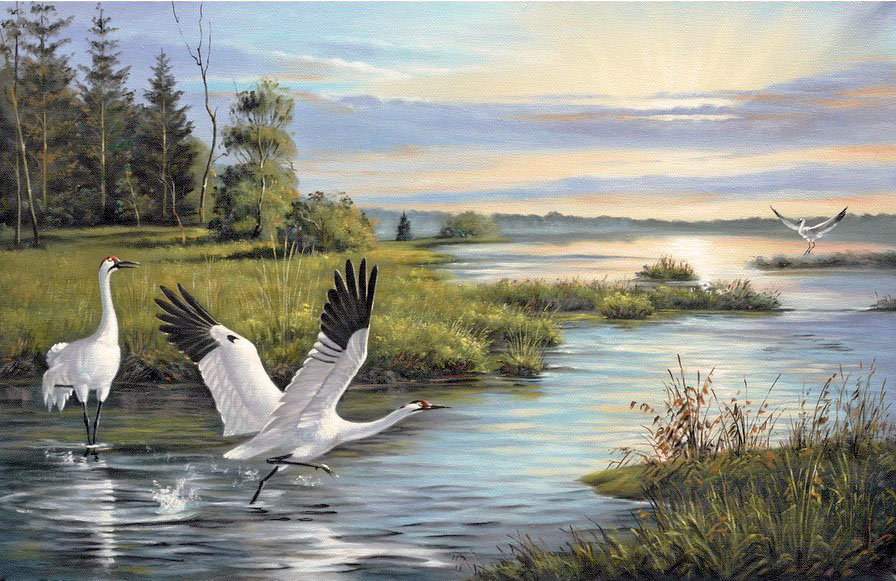 Худ. Григорьева Н. - лес, река, аисты, птицы, лето - оригинал