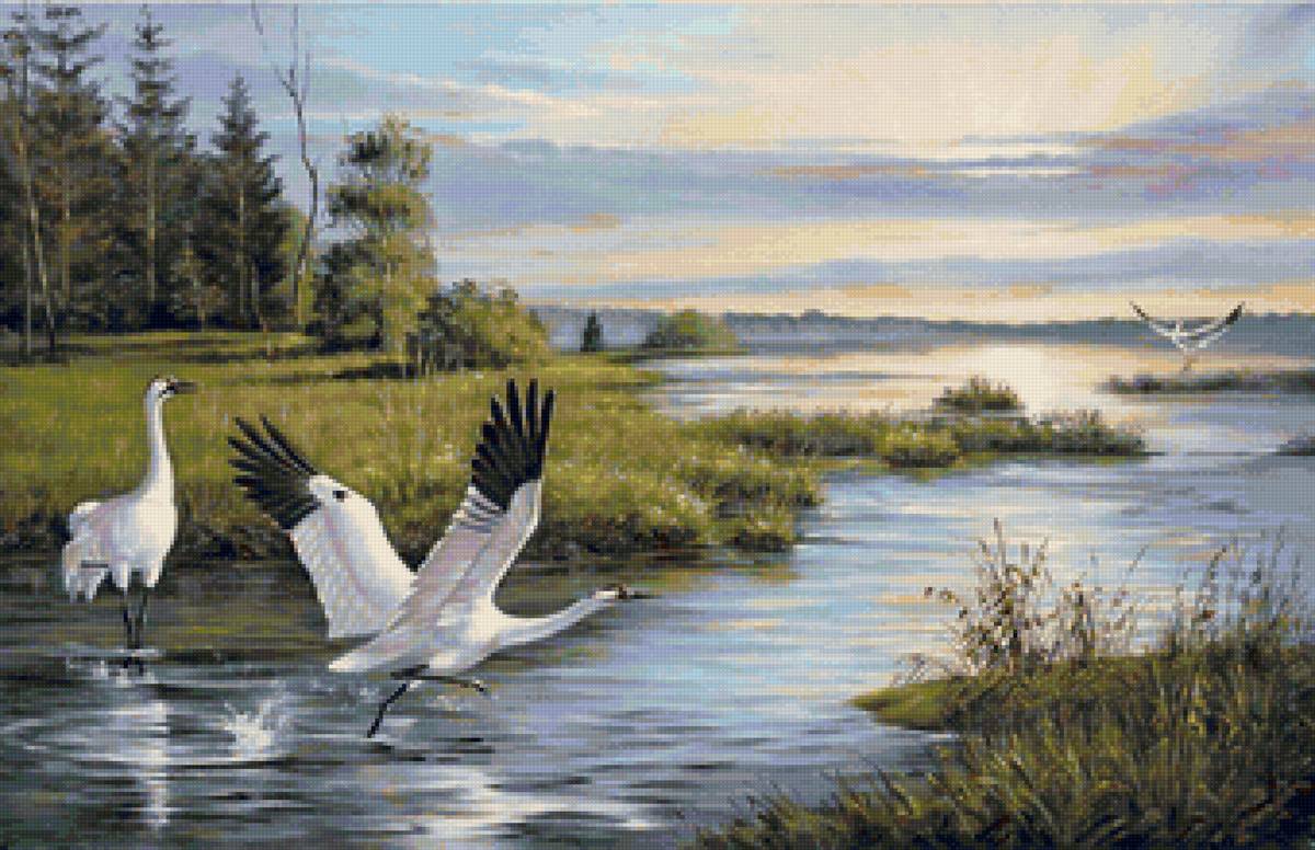 Худ. Григорьева Н. - птицы, аисты, река, лес, лето - предпросмотр