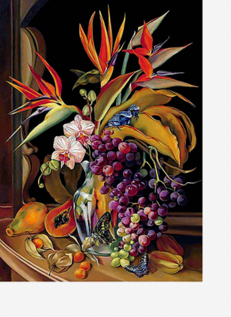 Натюрморт - виноград, орхидеи, физалис, лягушки - предпросмотр