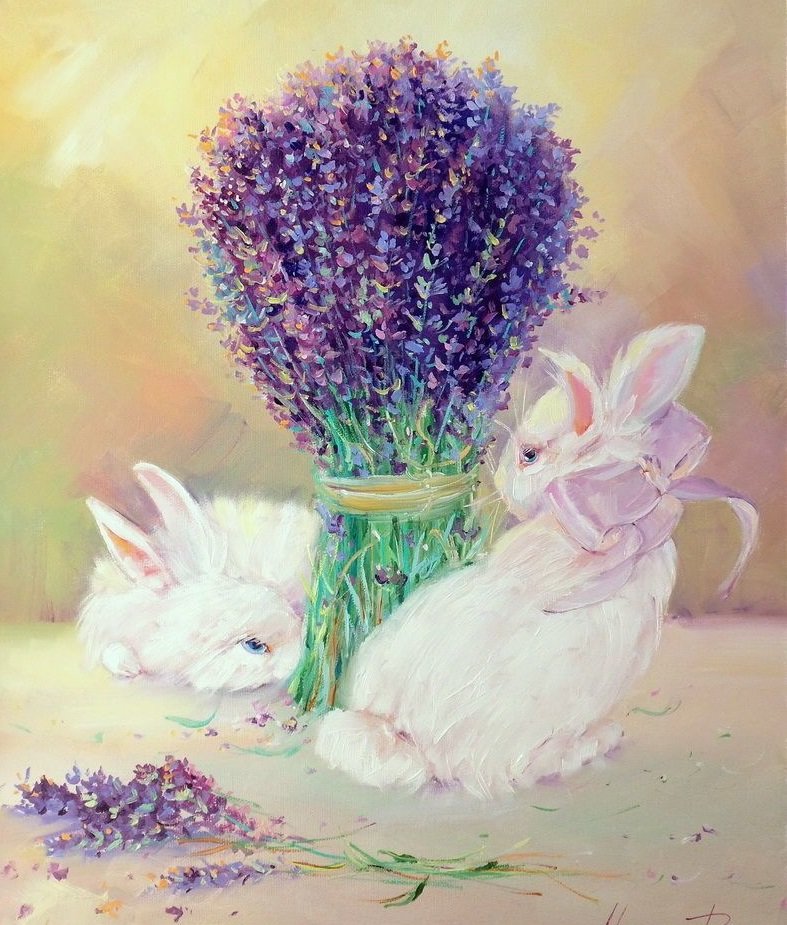 кролики - цветы, букет, ваза, лаванда, кролики - оригинал