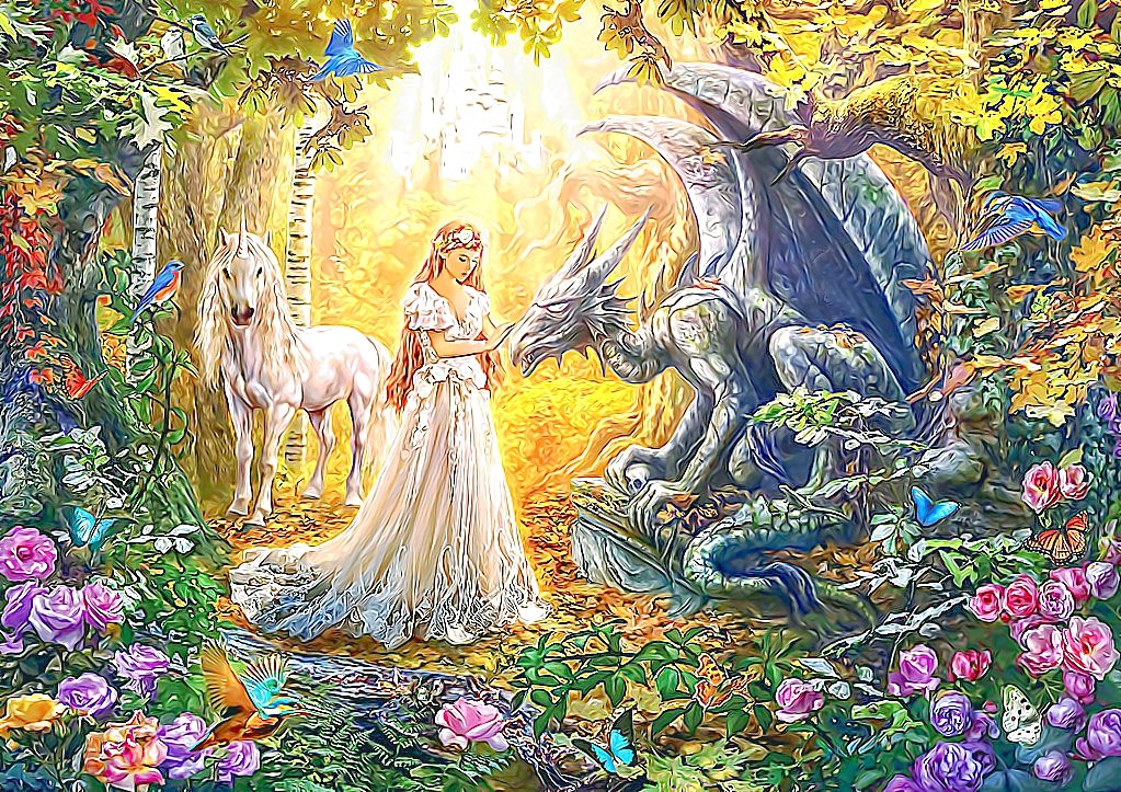 №2067645 - девушка, сад, фэнтези, единорог, дракон - оригинал