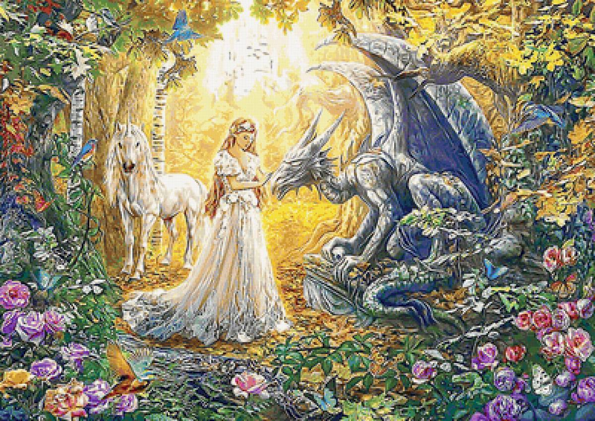 №2067645 - фэнтези, единорог, сад, девушка, дракон - предпросмотр