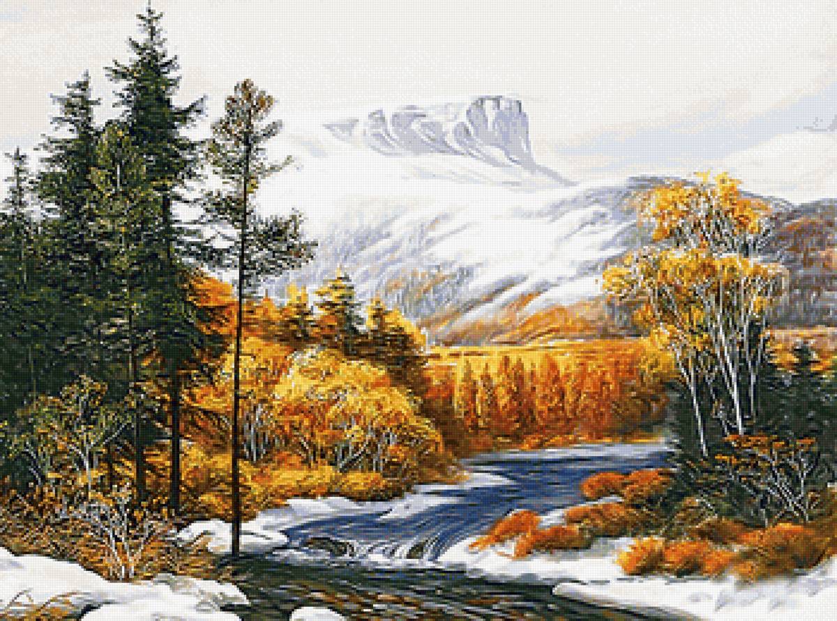 Первый снег - деревья, снег, горы, река, пейзаж, осень - предпросмотр