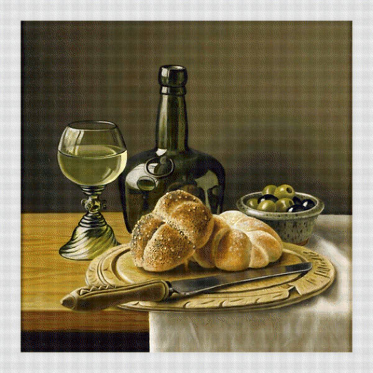 №2068131 - бутылка, бокал, хлеб, натюрморт - предпросмотр