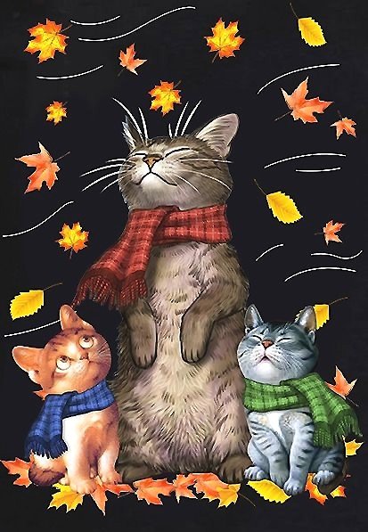 Кот с котятами - шарфы, осень, листья, кот, котята - оригинал
