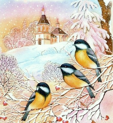 Птички в пейзаже - птицы, зима, пейзаж, синички - оригинал