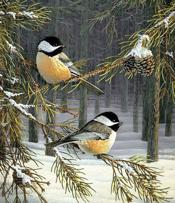 птички на ветке - лес, зима, птицы, синички - оригинал