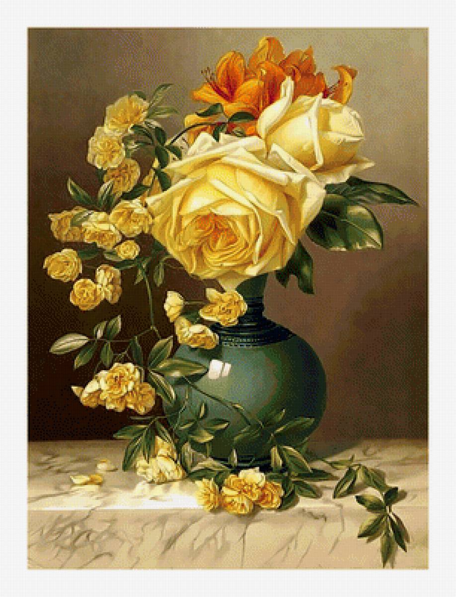 Букет. - цветы, букет, ваза, розы, живопись - предпросмотр