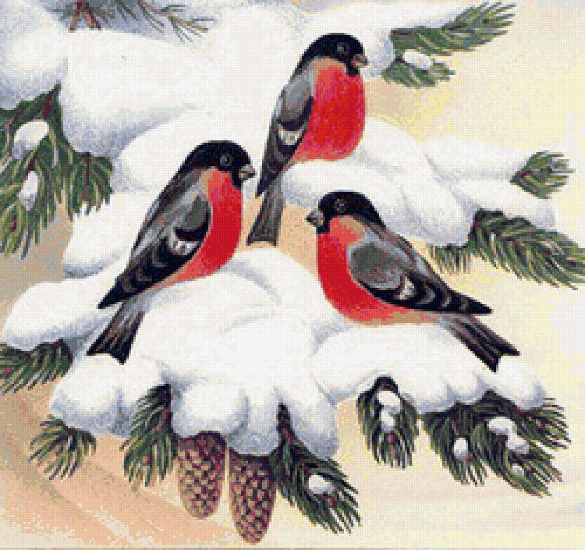 Трио снегирей - птицы, снегири, зима - предпросмотр