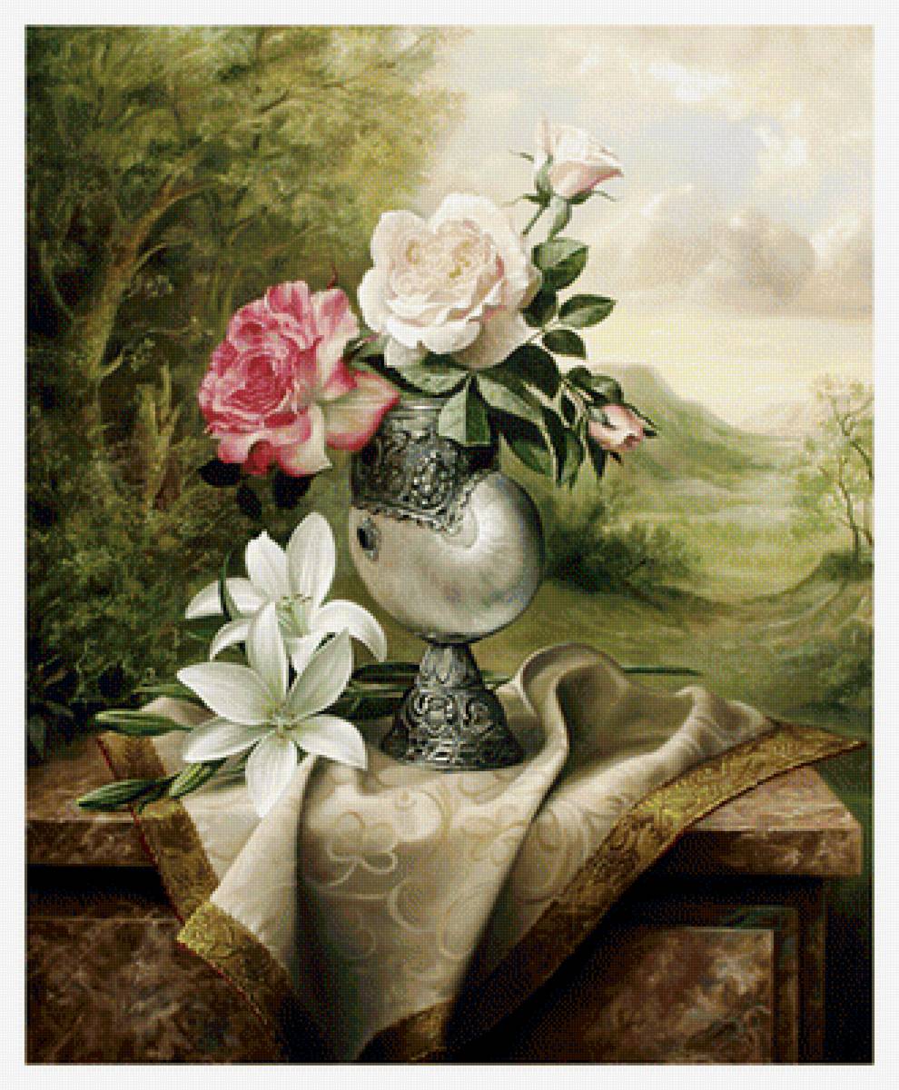 Цветочный натюрморт. - пейзаж, цветы, живопись, букет, лилии - предпросмотр