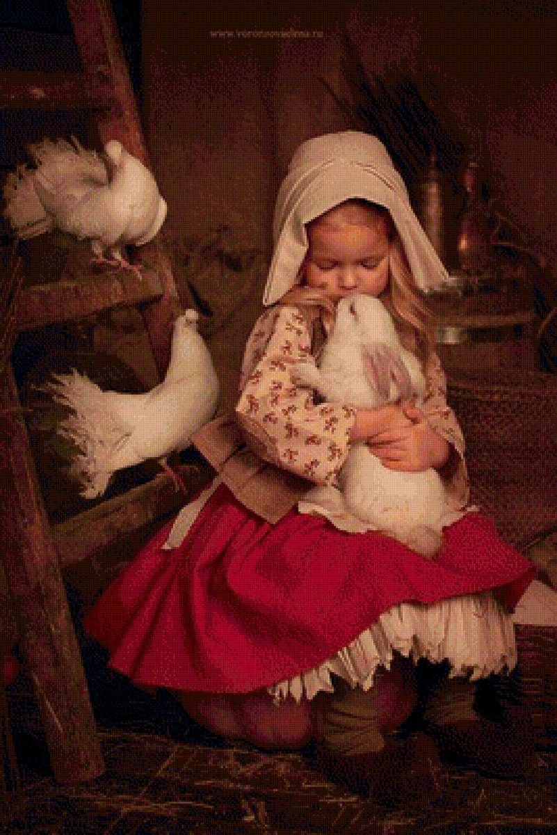 хозяюшка - девочка, голуби, кролик - предпросмотр