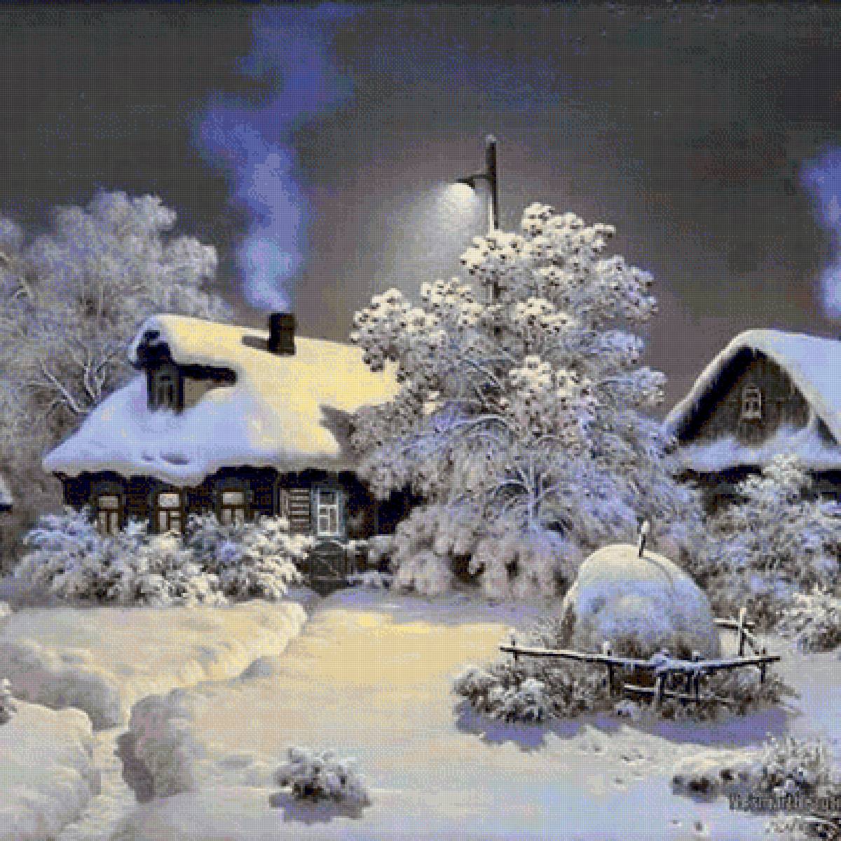зима - снег, сугроб, деревя, дом, стог сена - предпросмотр