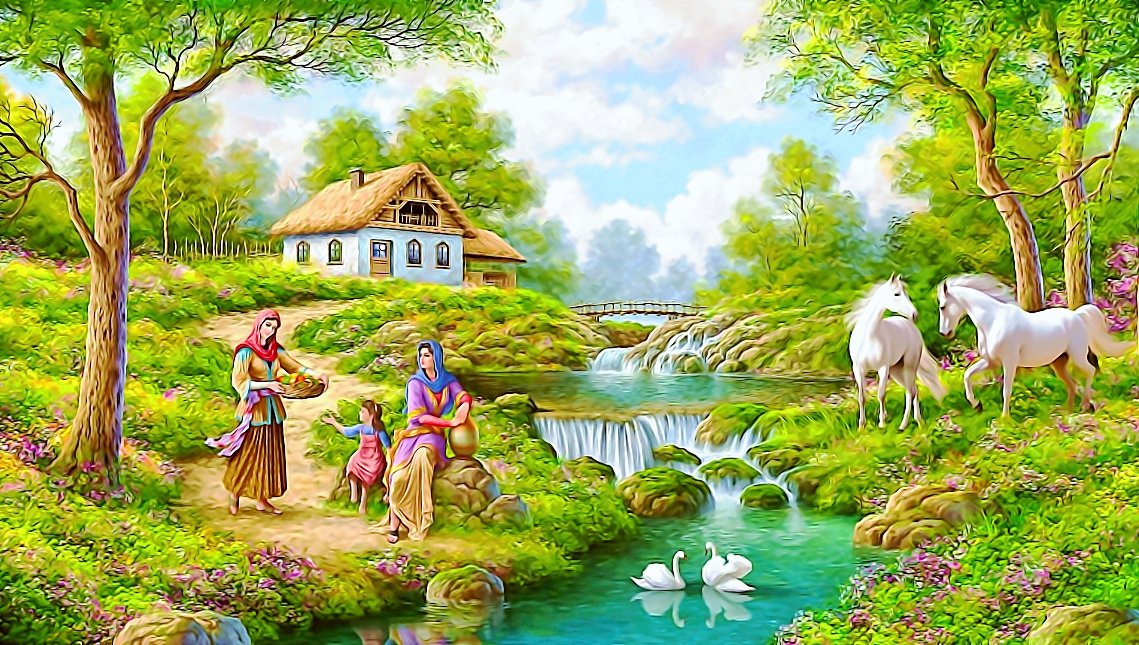 №2070697 - лошади, люди, домик, ручей, деревья - оригинал