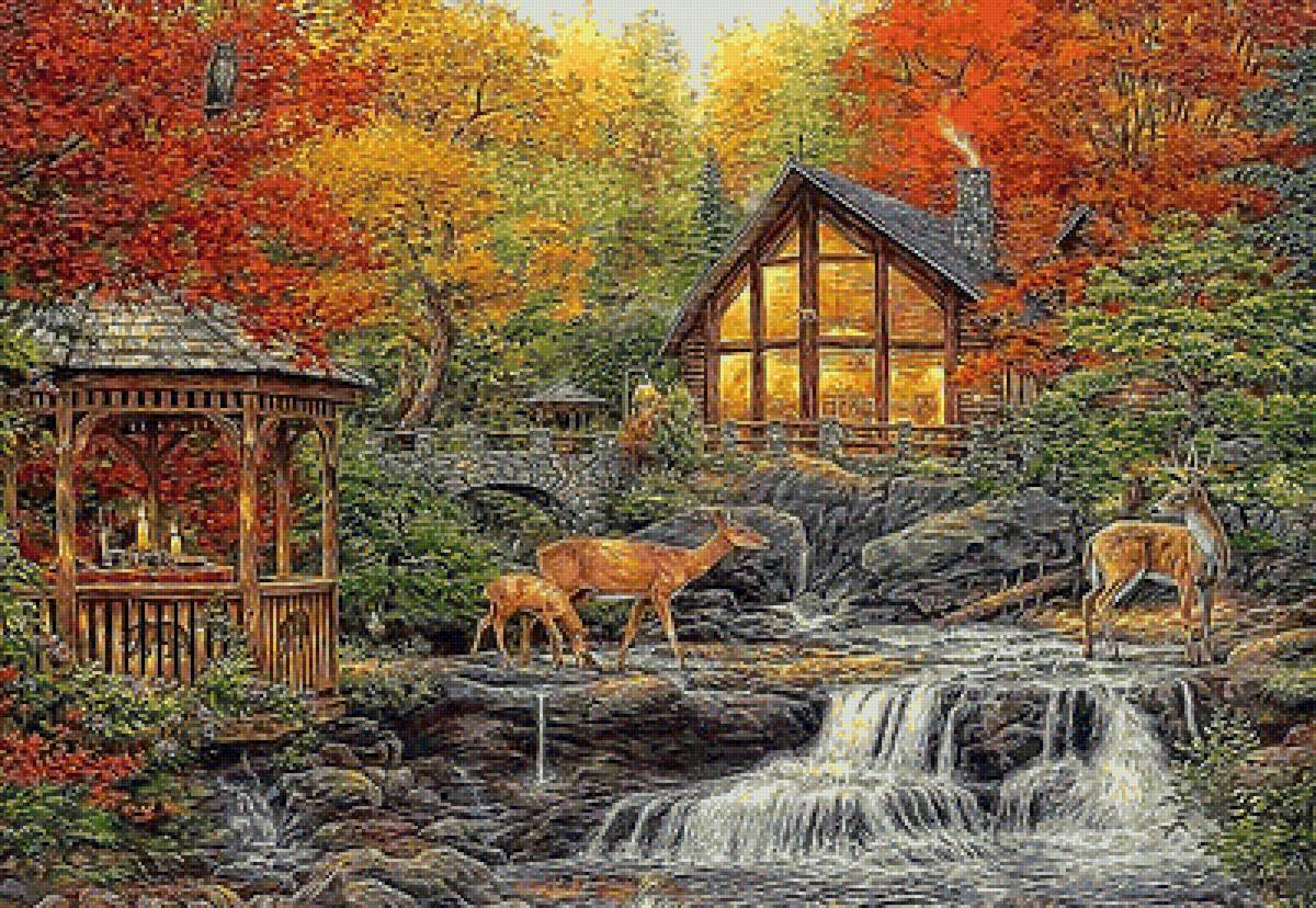 №2070748 - домик, осень, мост, олени, беседка, ручей - предпросмотр