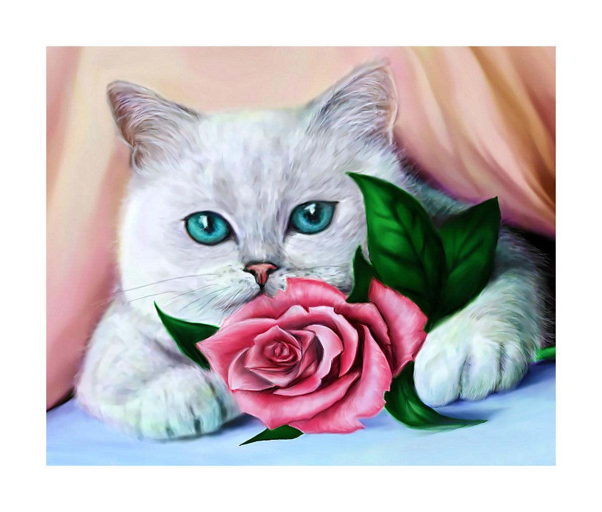 Кошечка и роза. - животные, живопись, роза, кошка, цветок - оригинал