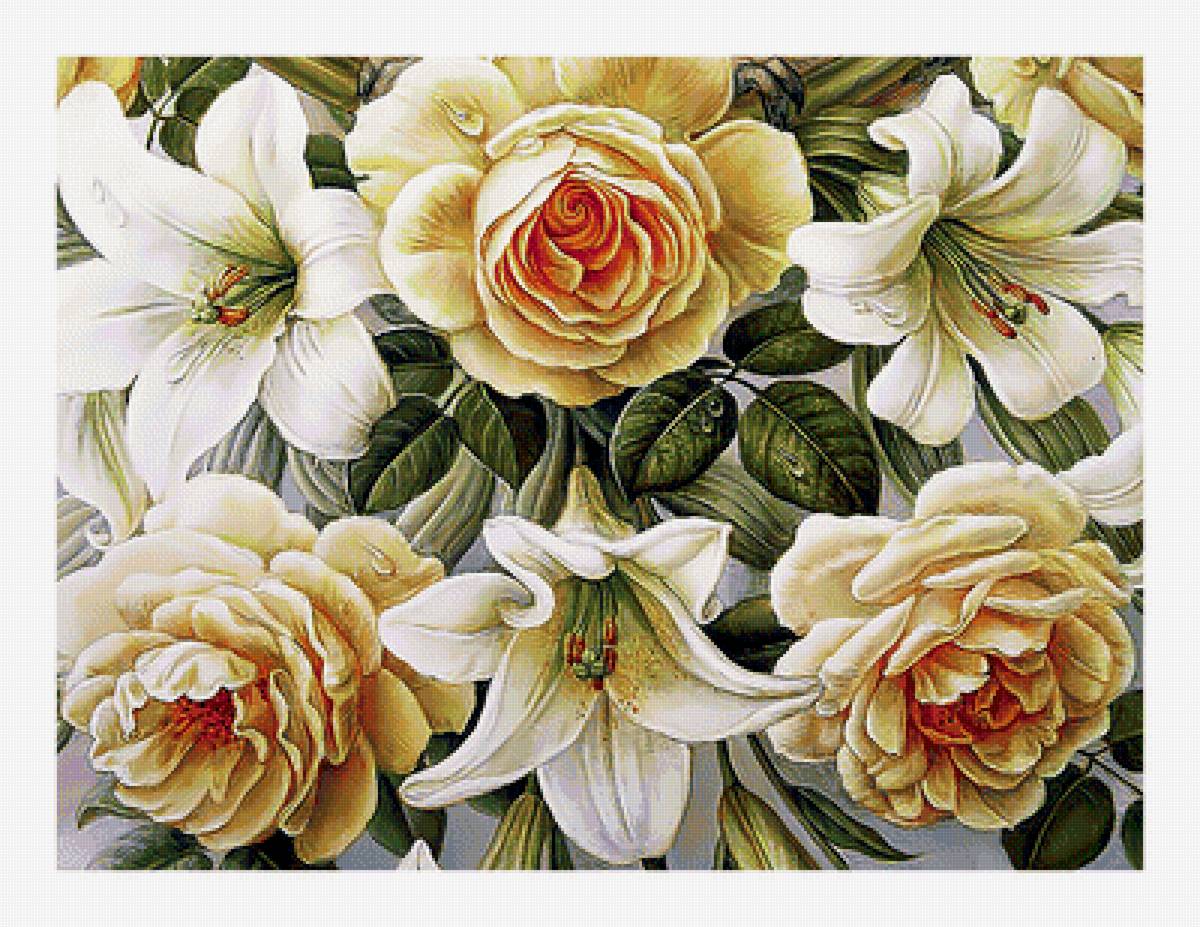 Розы и лилии. - лилии, цветы, розы, живопись - предпросмотр