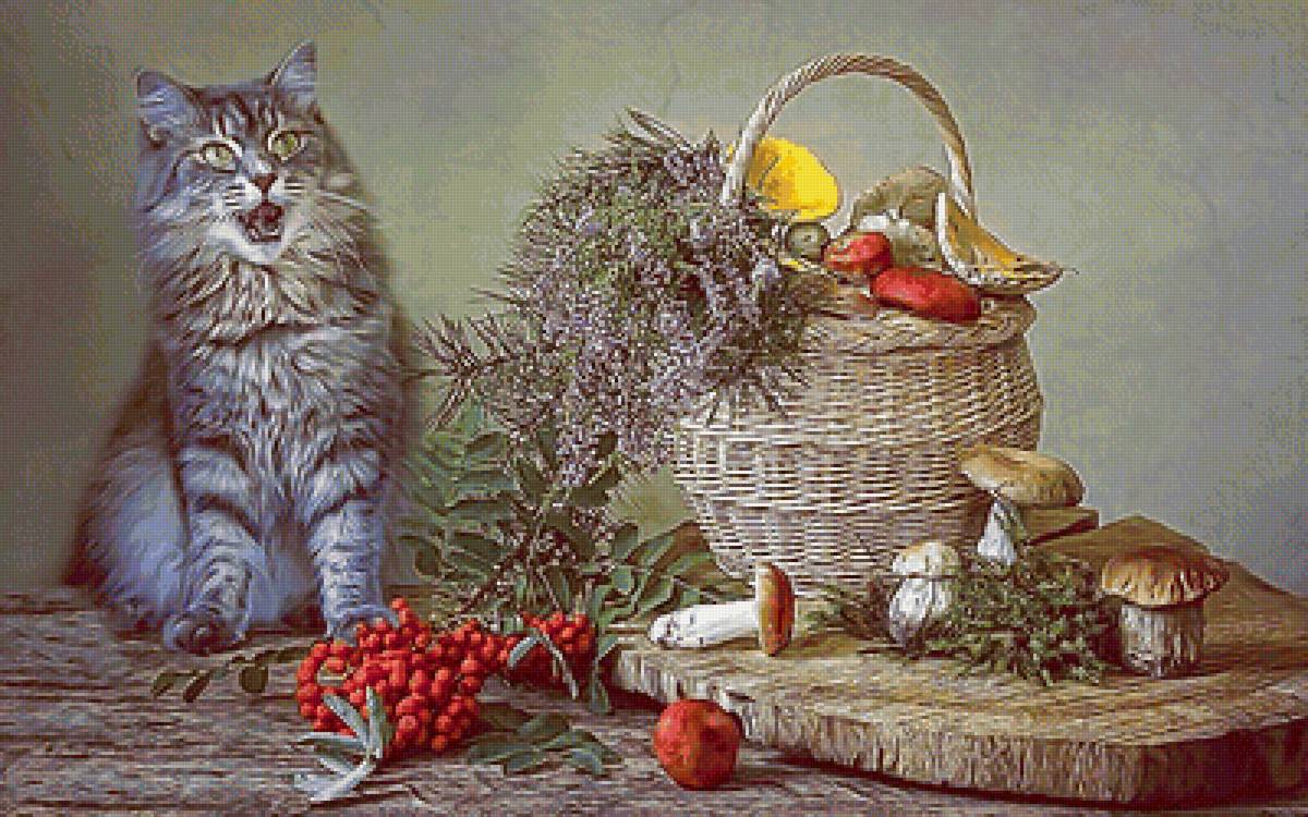№2071486 - корзина, натюрморт, кот, грибы - предпросмотр