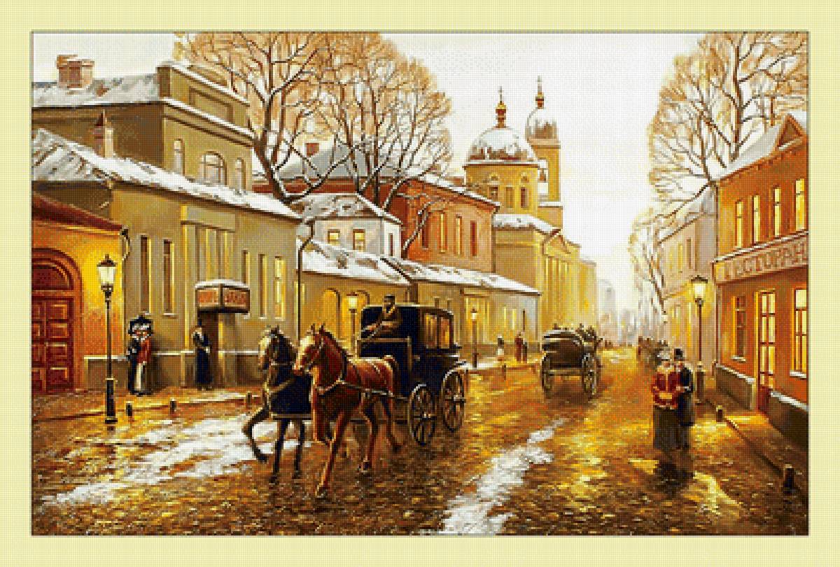 Городской пейзаж. - пейзаж, живопись, экипаж, улицы, город - предпросмотр