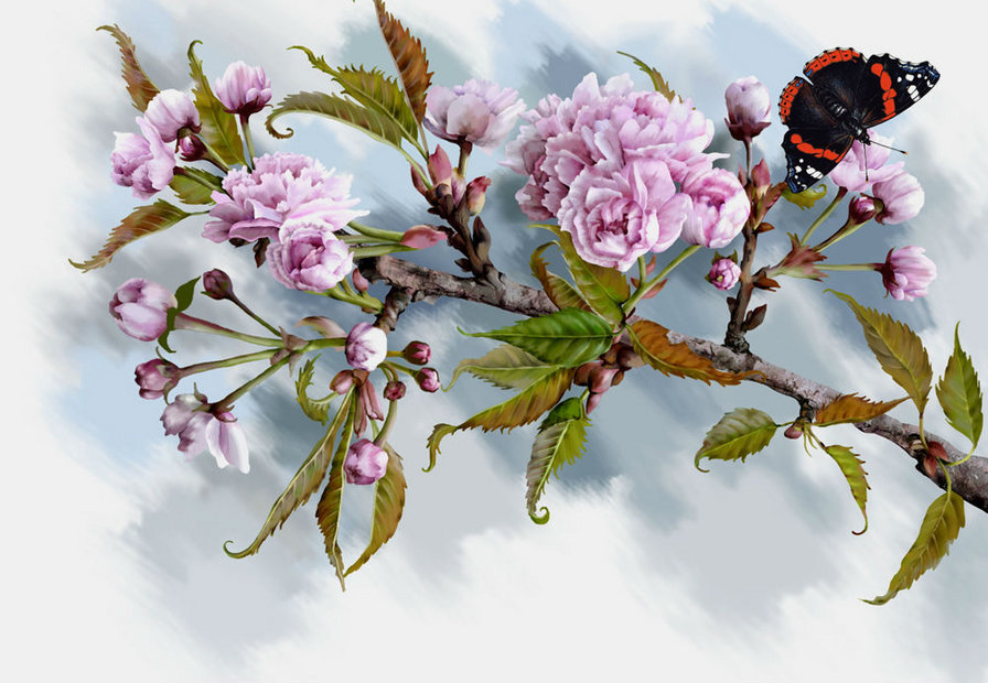 Цветение - природа, цветы, весна, бабочка - оригинал
