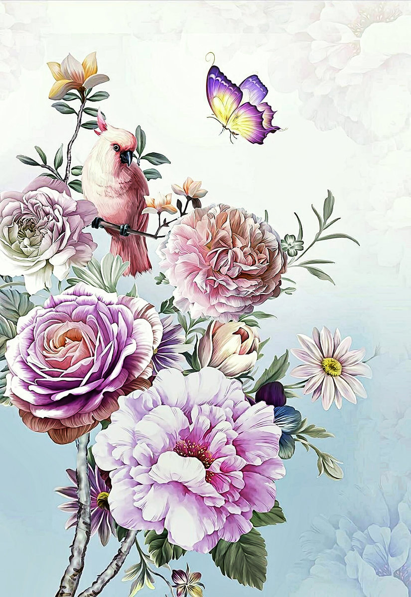 Серия "Пионы". Китайский пион и попугай - флора, пионы, цветы - оригинал
