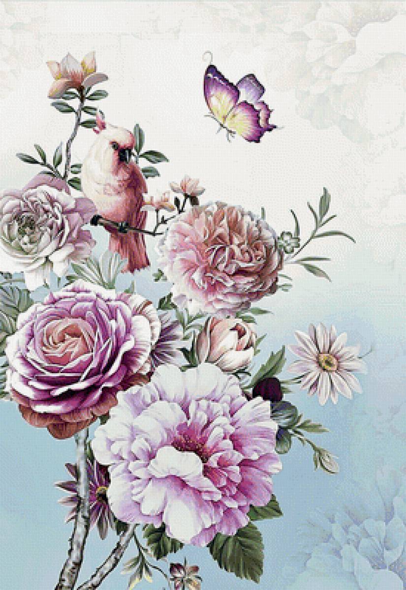 Серия "Пионы". Китайский пион и попугай - цветы, флора, пионы - предпросмотр