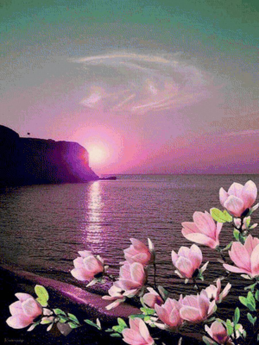 природа - цветы, море, солнце, магнолия - предпросмотр