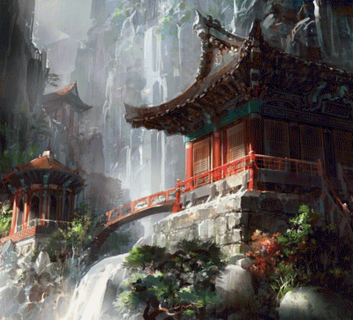 Япония. Пагоды. Водопад - япония пагода водопад живопись пейзаж - предпросмотр