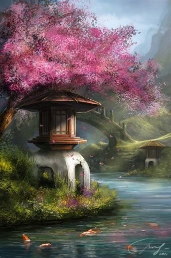 Япония. Домик. Озеро - япония пагода вода живопись пейзаж - оригинал