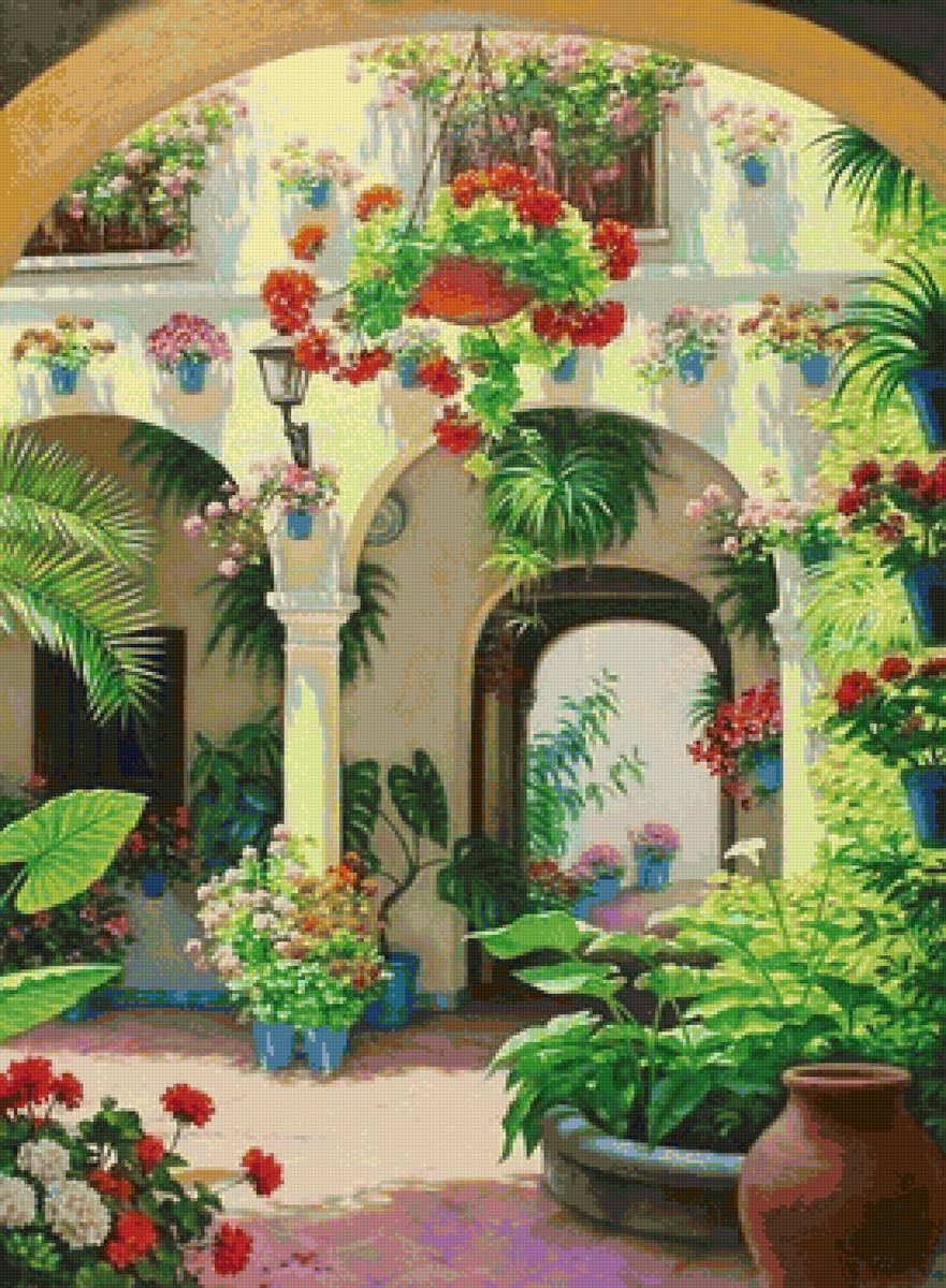 Цветущий дворик - цветы, дворик - предпросмотр