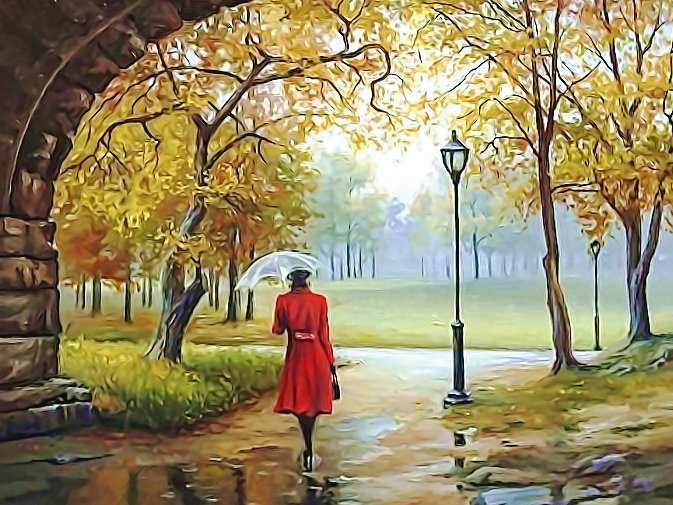Осенний парк - девушка, зонтик, осень, фонари, парк - оригинал