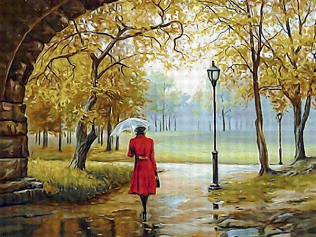 Осенний парк - парк, фонари, зонтик, осень, девушка - предпросмотр